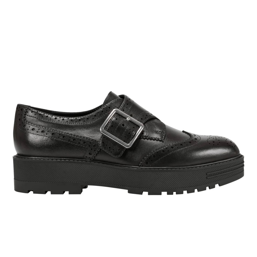 Marc Fisher Ramona Monk Strap Black Leather Oxfords Silver Buckle and Lug Sole